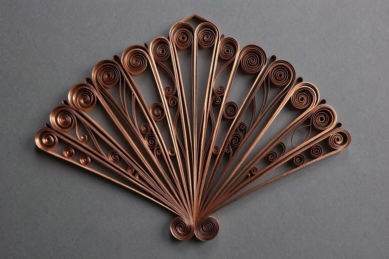 an art deco fan motif with fanning symmetrical lines, centered on a soft charcoal grey surface, built up in graduated layers of increasing size, highlighted with metallic bronze accents.
