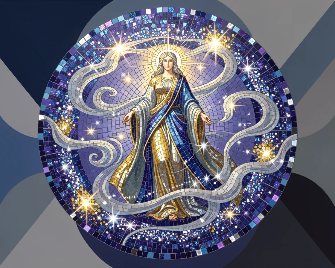 An epic fantasy scene of a celestial goddess figure surrounded by swirling stardust, with swirling mist and glowing highlights.