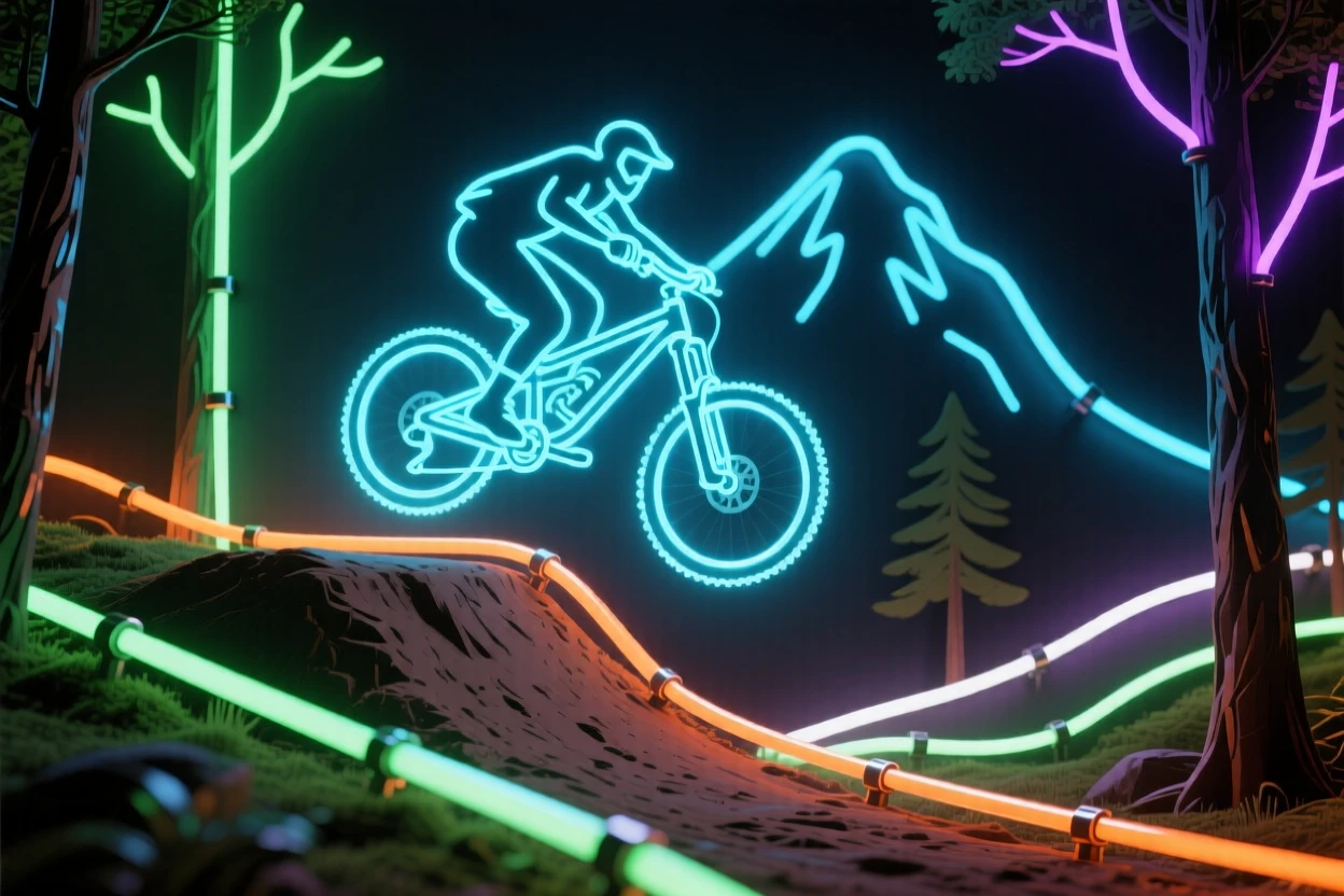 A mountain biker flying over a dirt jump in a forest trail.
