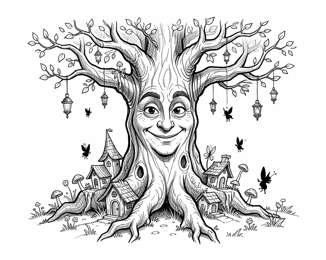 A wise old tree with a face carved into its bark in a hidden fairy village.