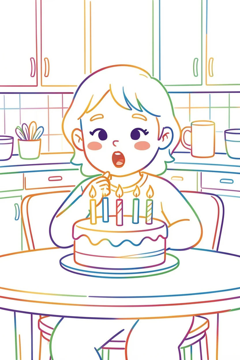 A child blowing out candles on a homemade birthday cake at a kitchen table.