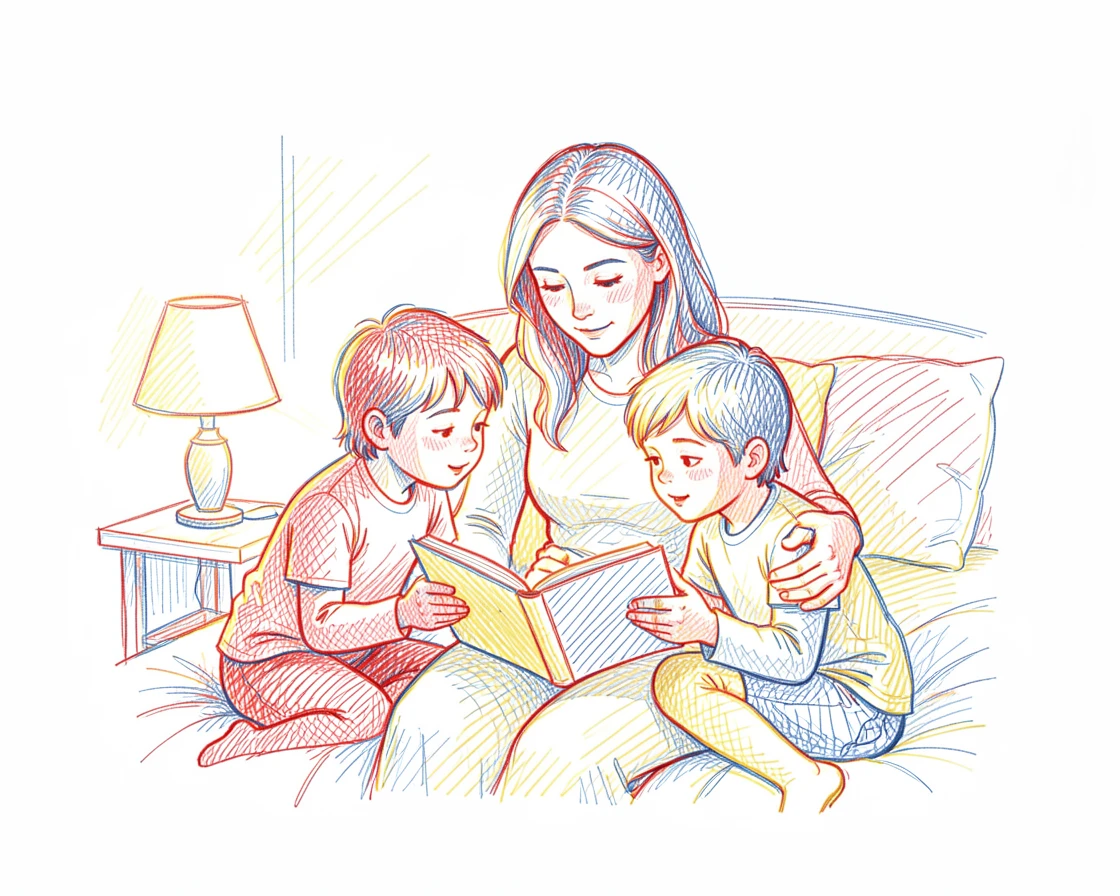 A mother reading a bedtime story to her children under soft lamplight