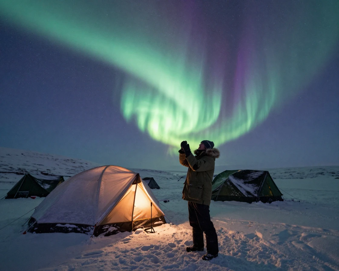 Northern lights ripple in green and violet waves above a snowy arctic camp.