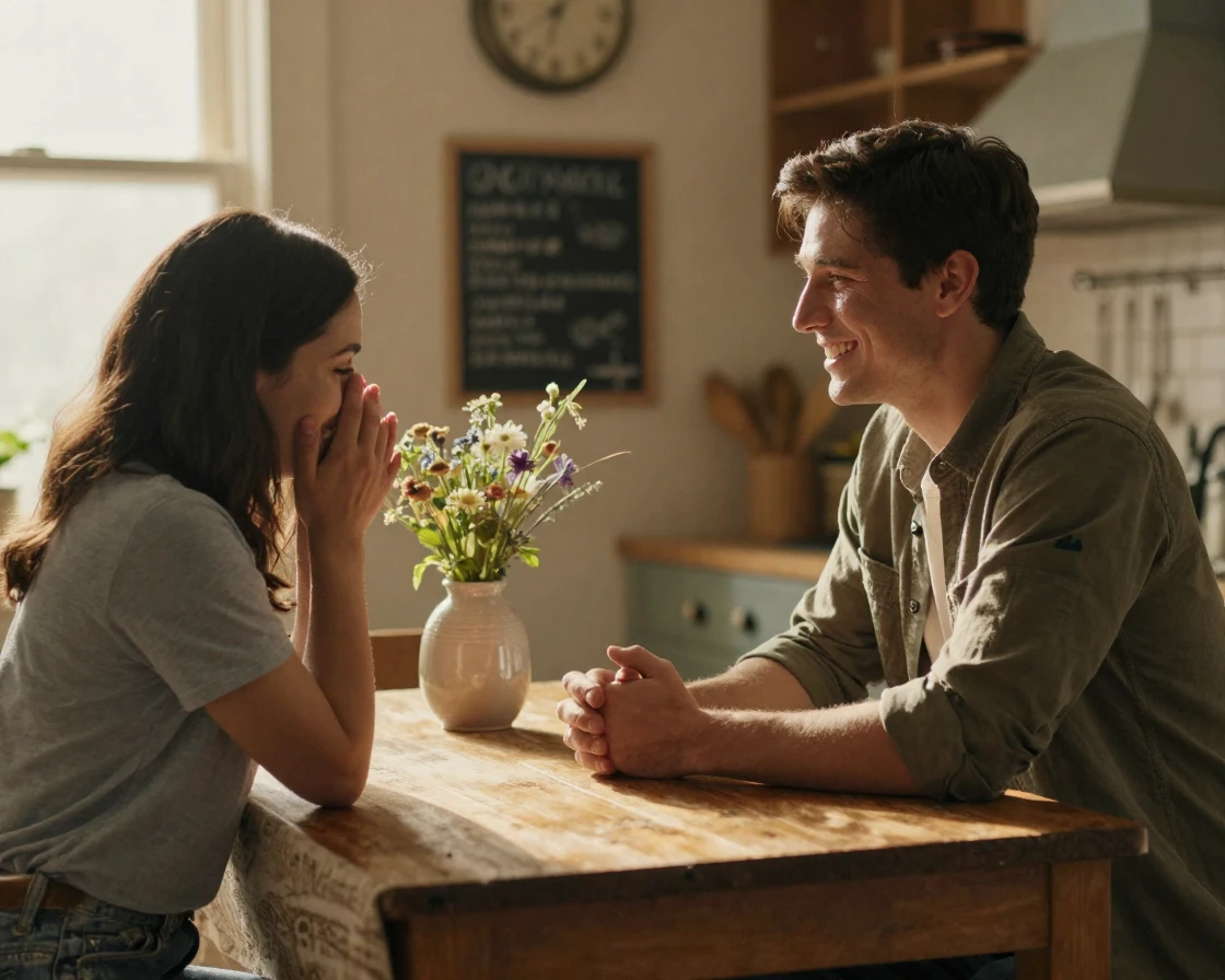 A young volunteer reuniting after a long time apart at a small kitchen table
