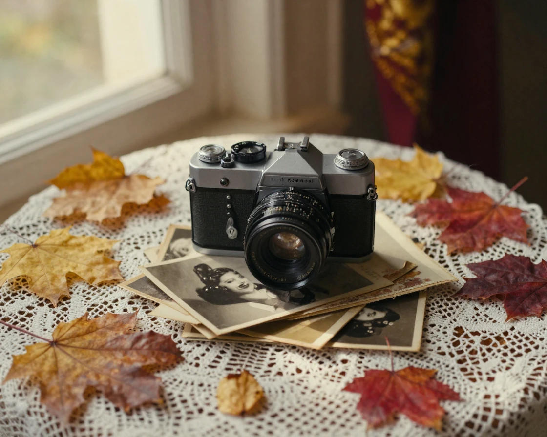 A vintage camera and stack of photographs on a lace tablecloth, in warm morning light, as heat shimmers over the ground, as autumn leaves turn gold and red, with rich burgundy and gold accents, at eye level, intimate and direct.