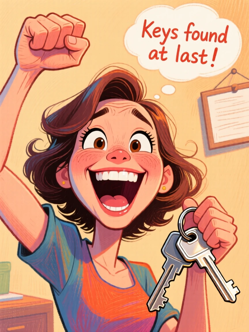 A woman doing a triumphant fist pump after finding her lost keys.