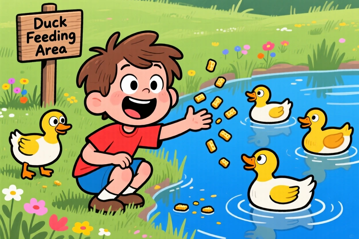 A playful childhood moment of a child feeding ducks at a pond, bread crumbs scattering as ducks waddle eagerly closer.