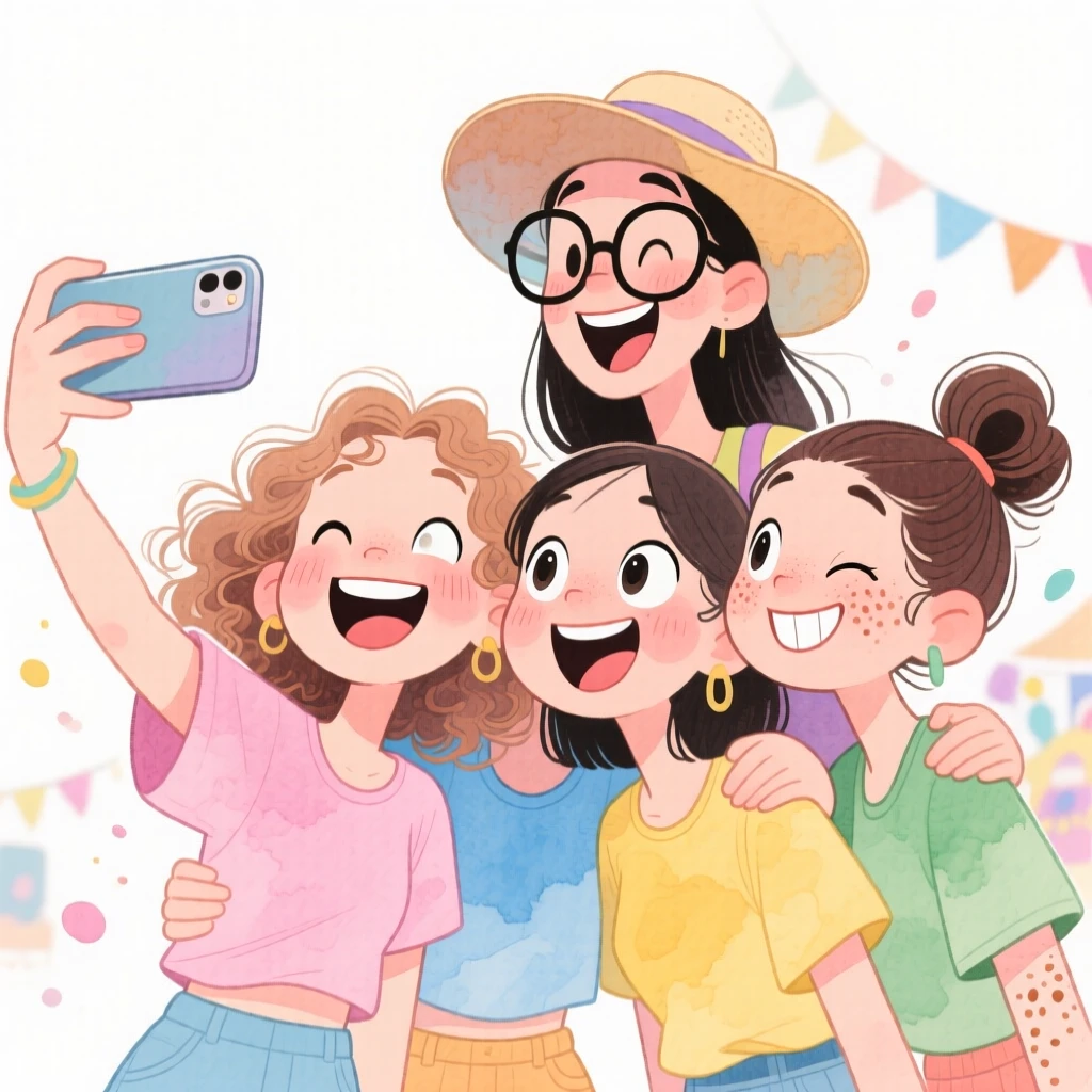 A close-knit group of girlfriends taking a joyful group selfie at a music festival