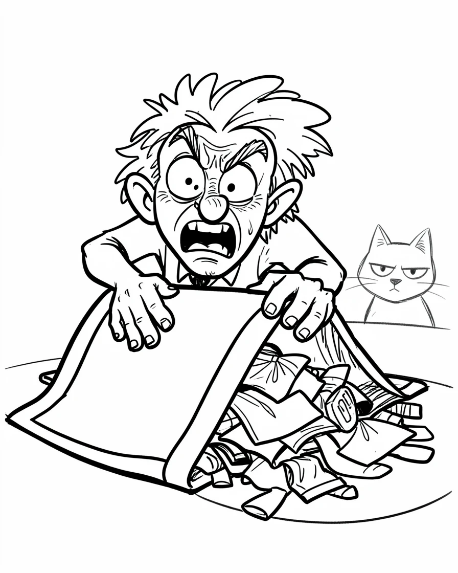 [Funny & Exaggerated Situations] Comical scene of a man trying to hide a mess by shoving it under the rug, exaggerated for maximum laughs