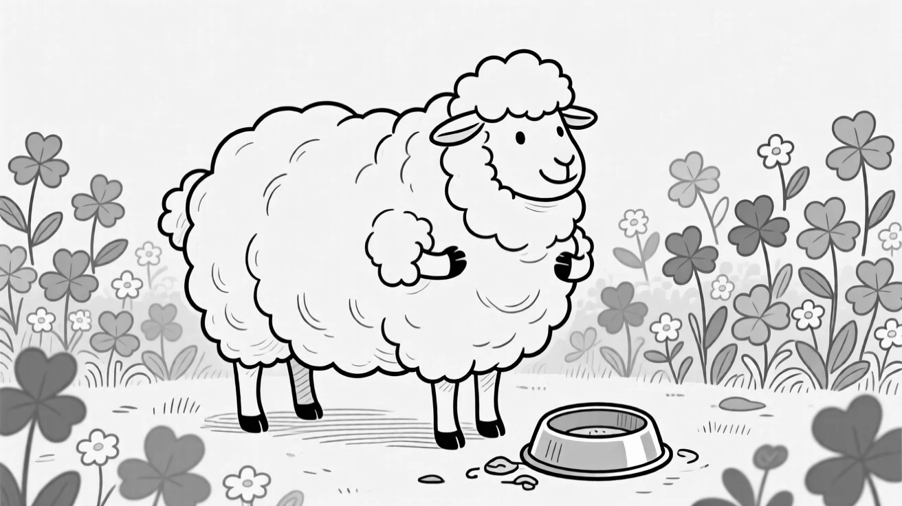 A fluffy sheep freshly and unevenly sheared, puffing out its chest with self-importance, set in a garden bursting with clover. A food bowl sits tipped over and empty. It feels like the kind of photo that instantly earns a smile.
