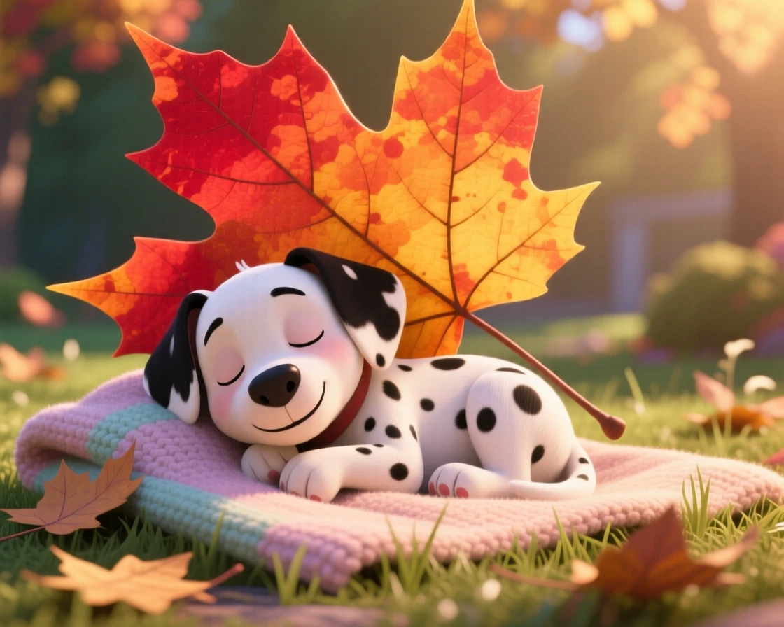 A spotted dalmatian puppy is tucked under a giant maple leaf, nuzzling against a soft blanket. A gentle, sleepy calm fills the moment, with soft shadows framing the scene.