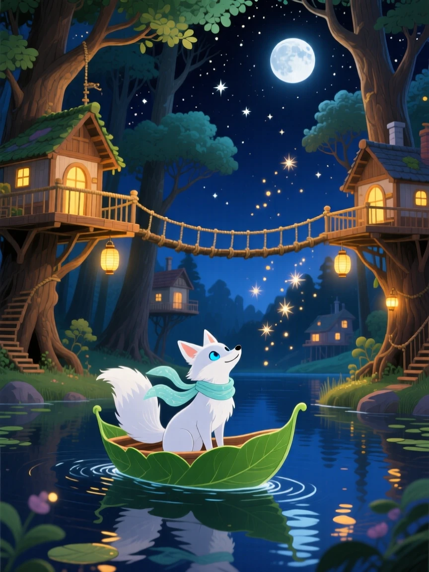 In a treehouse village strung with lanterns, a moonlit fox spirit discovers a moment of wonder while riding a floating leaf boat across a starlit lake, as sparkling magic dust drifts through the air.