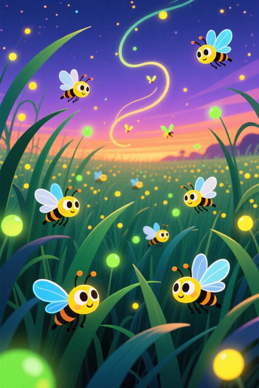 A field of fireflies rising over tall grass at dusk.