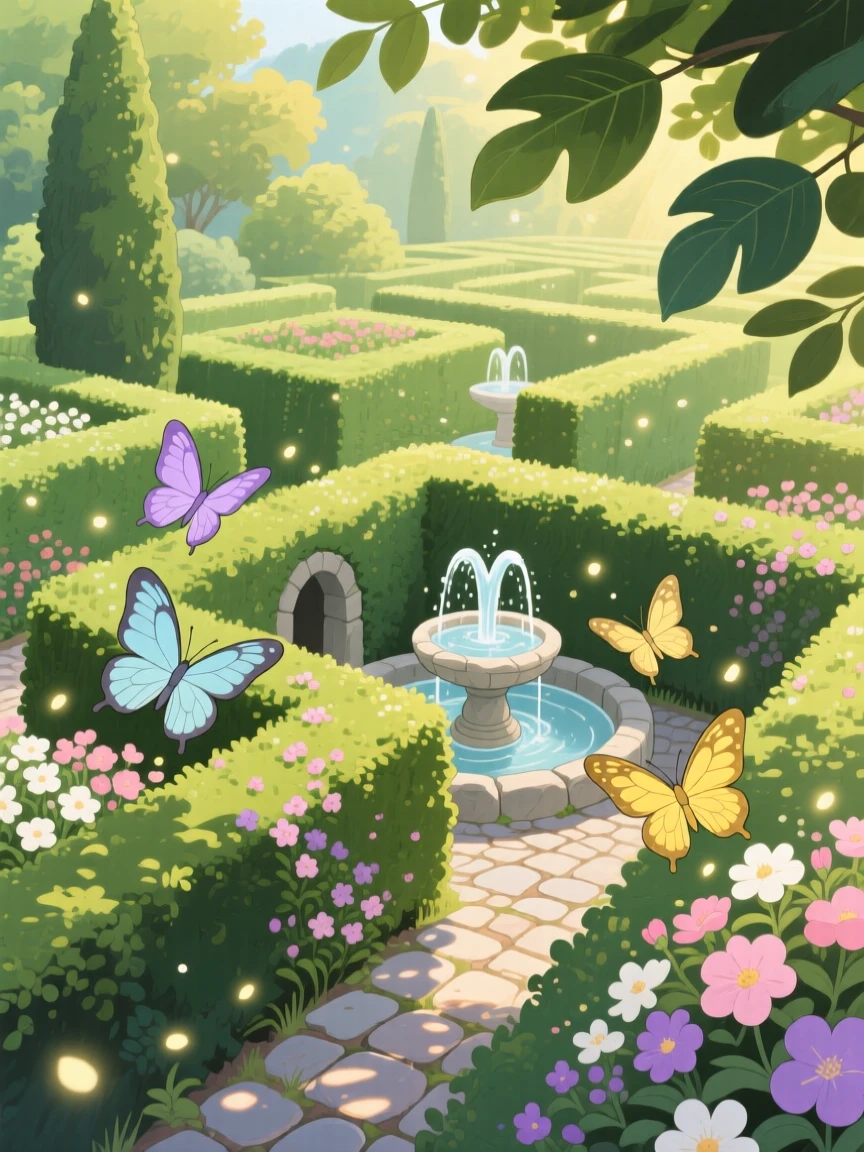 A garden maze of tall hedges and trickling fountains, butterflies drifting between blossoms, creating a scene of quiet natural magic.