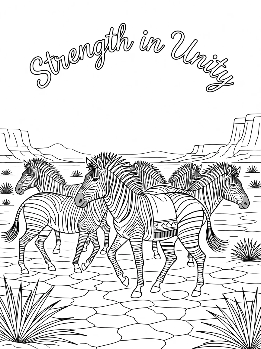 A herd of zebras walking across a cracked desert plain, with dramatic feather detail catching the wind.