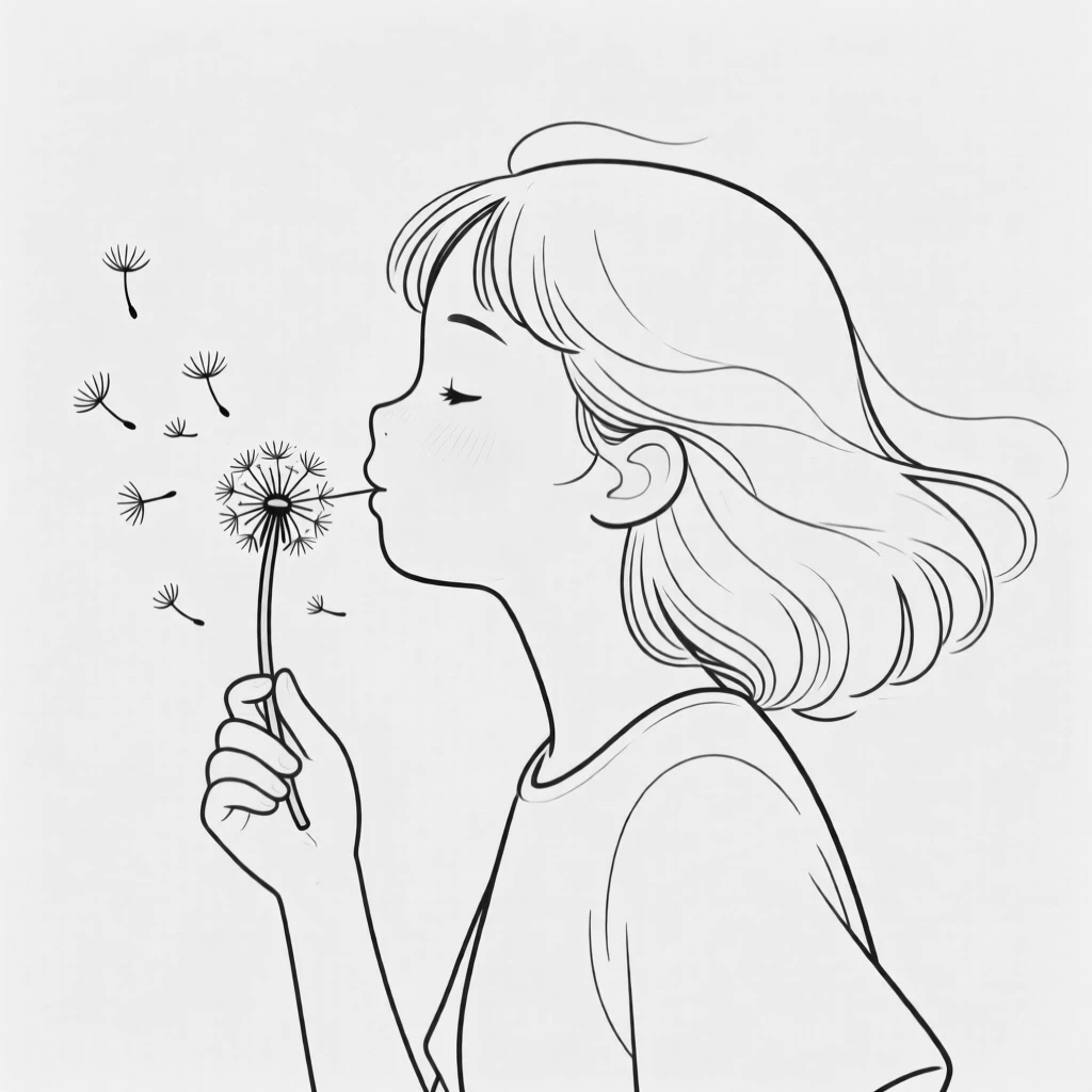 A young girl blowing dandelion seeds into the wind
