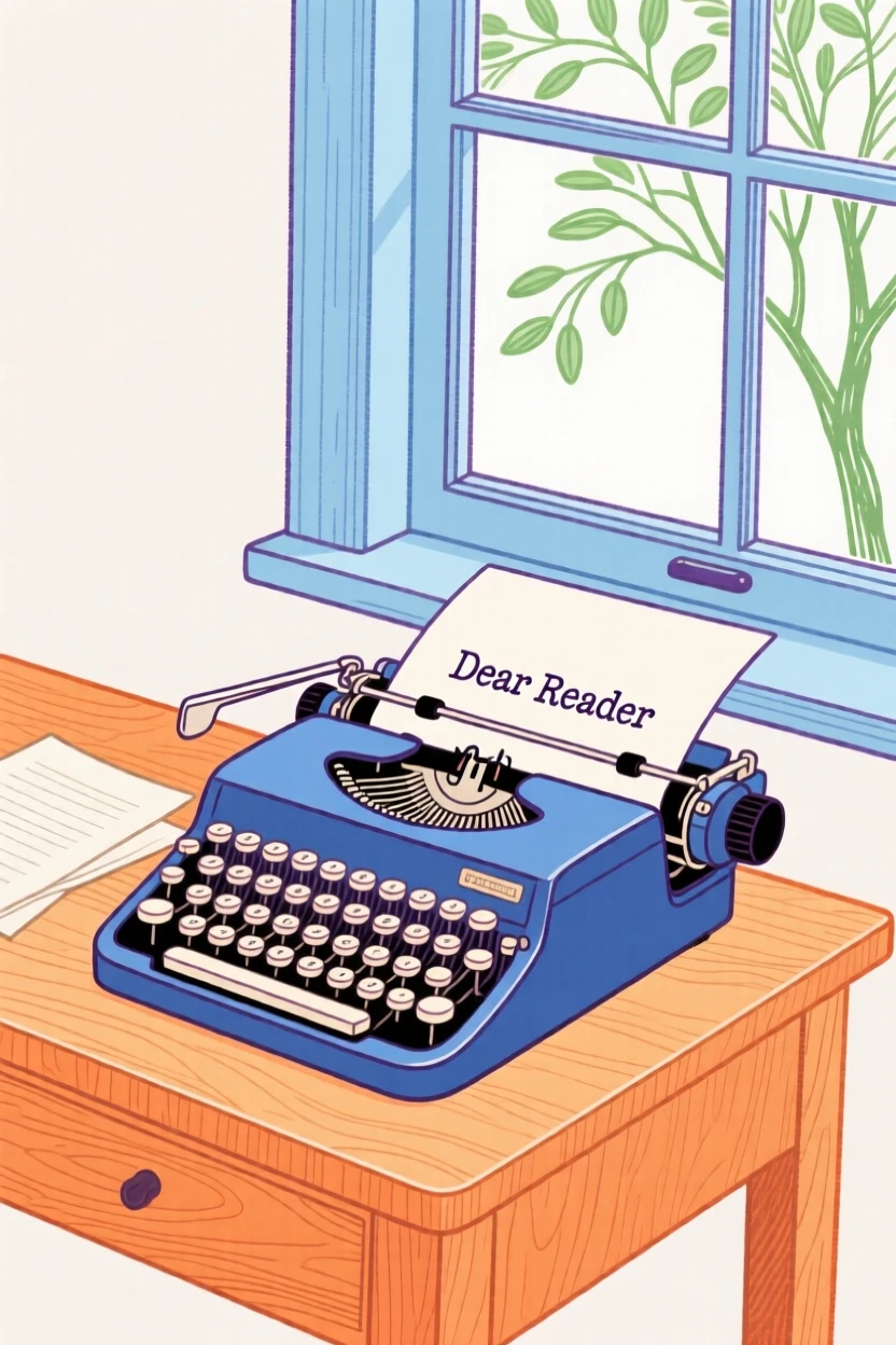 A vintage typewriter on a wooden desk beside a window.