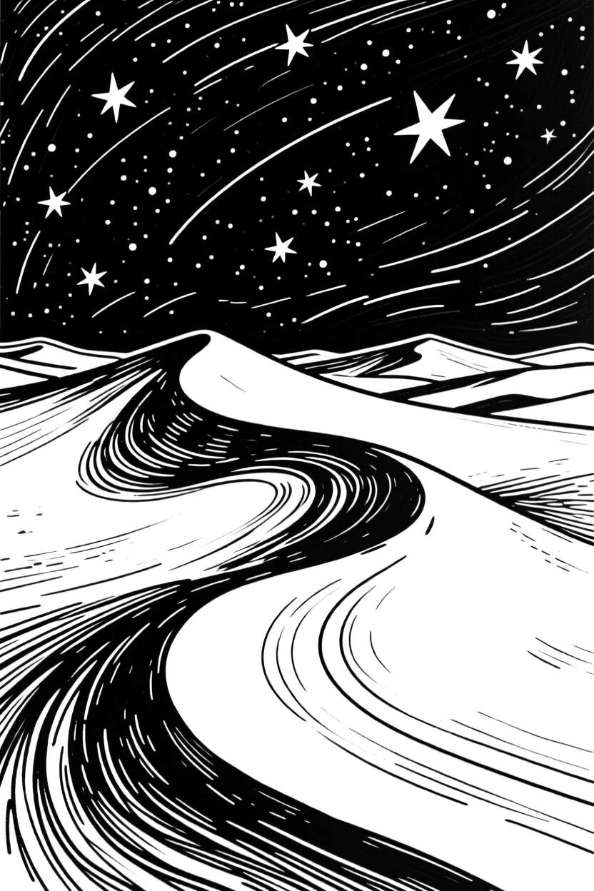 A rolling desert dune landscape under a sky full of stars.