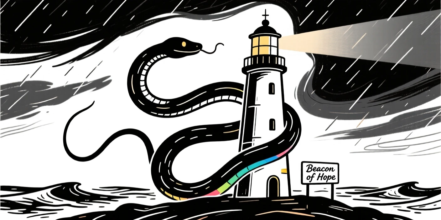 A sea serpent coiling around a lighthouse during a stormy night.