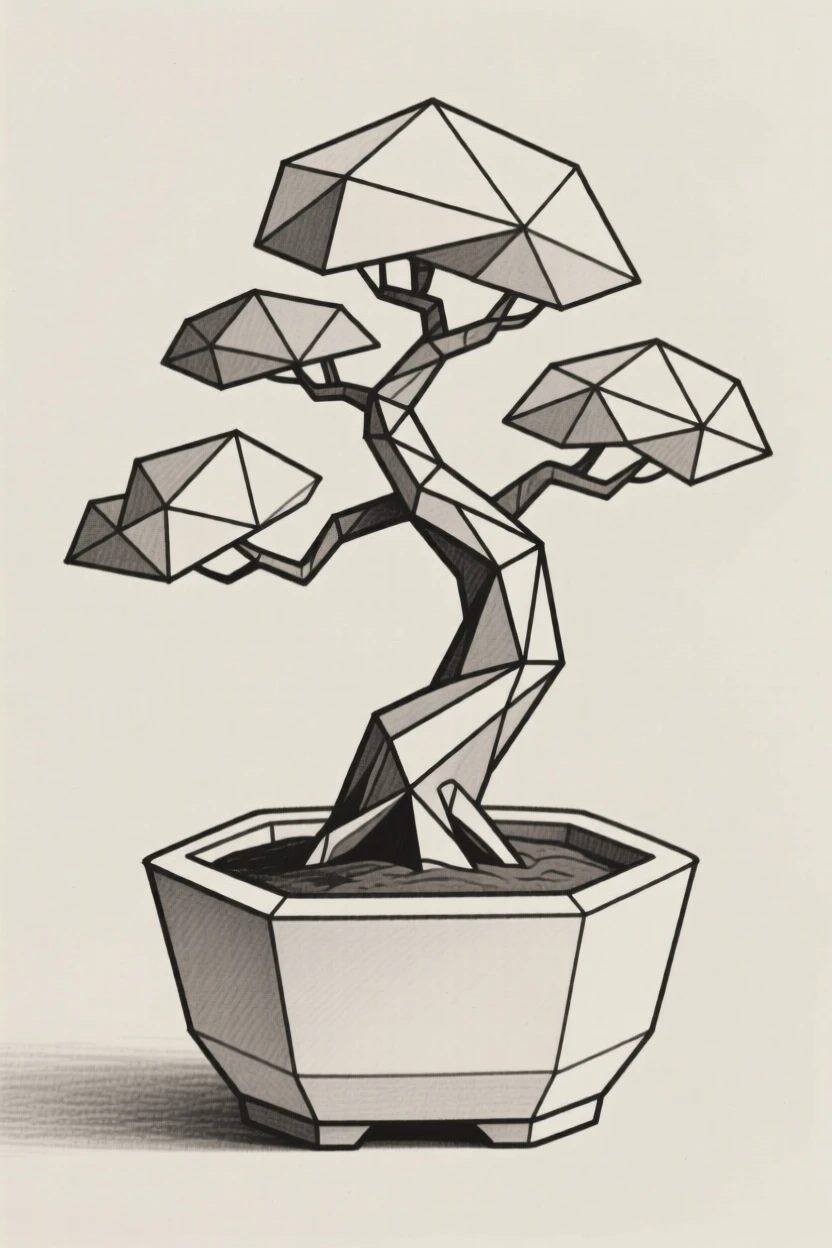 A bonsai tree carefully shaped in a ceramic pot
