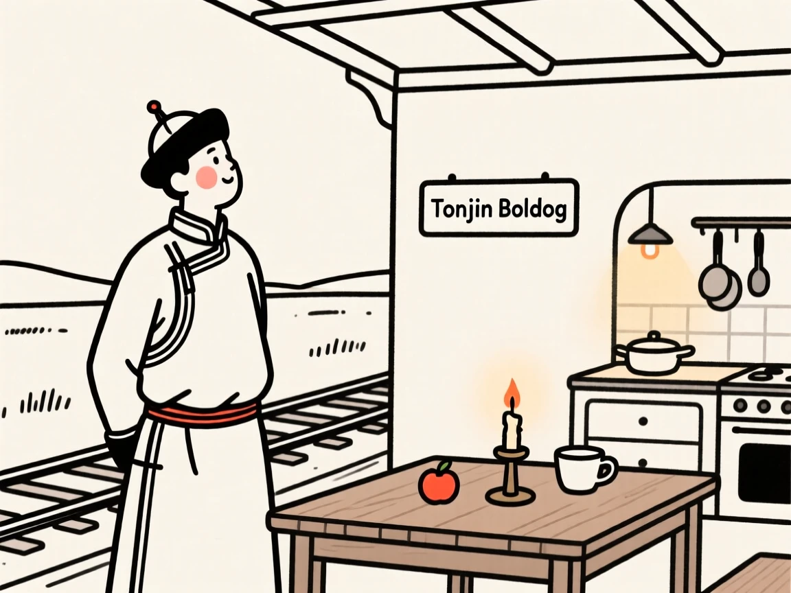 A train of mongolian heritage conductor at a rural station, looking hopeful toward the horizon, in a cozy candlelit kitchen.