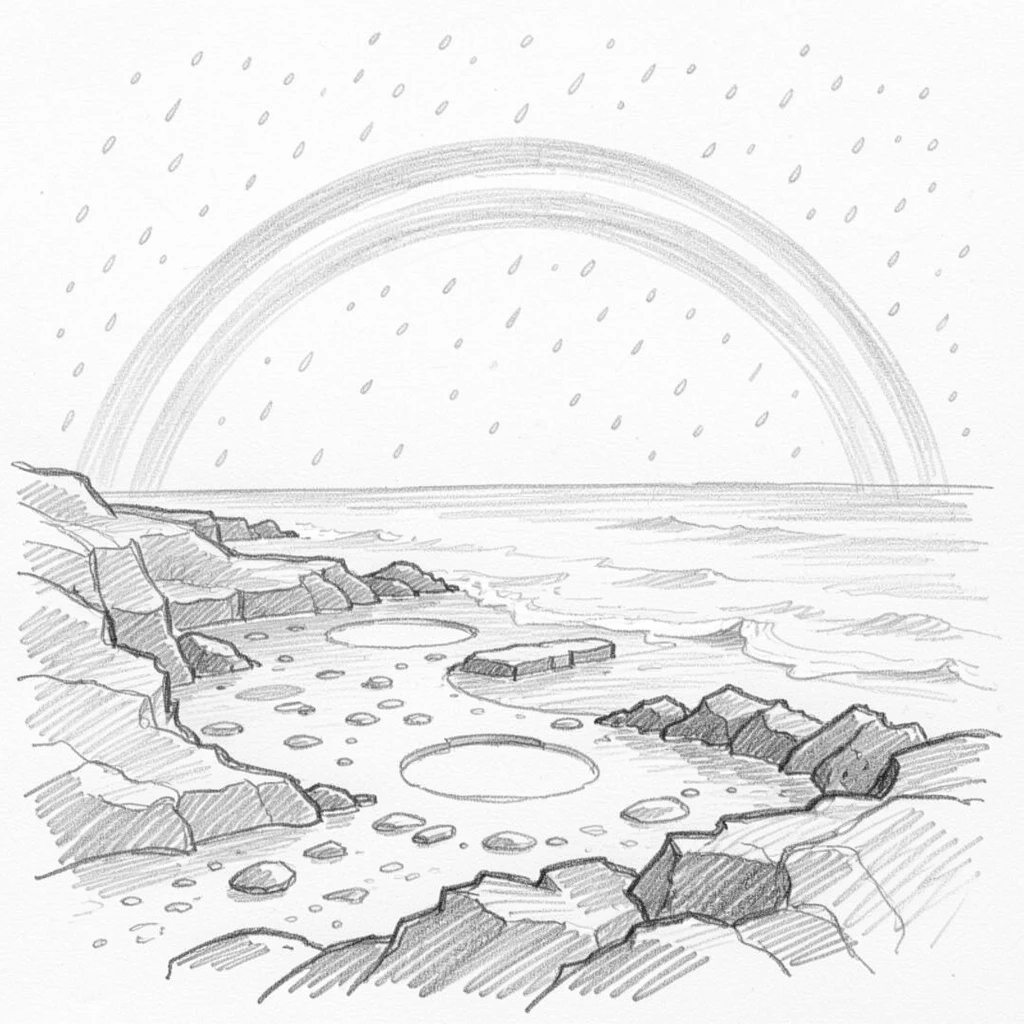 A rugged coastline at low tide, under a rainbow arching after a storm, with snow gently falling.