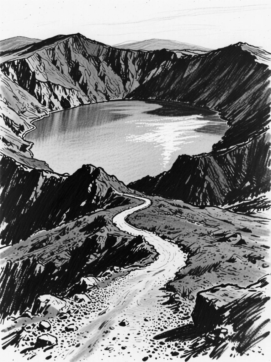 A volcanic crater lake with a lone winding path leading into the distance.