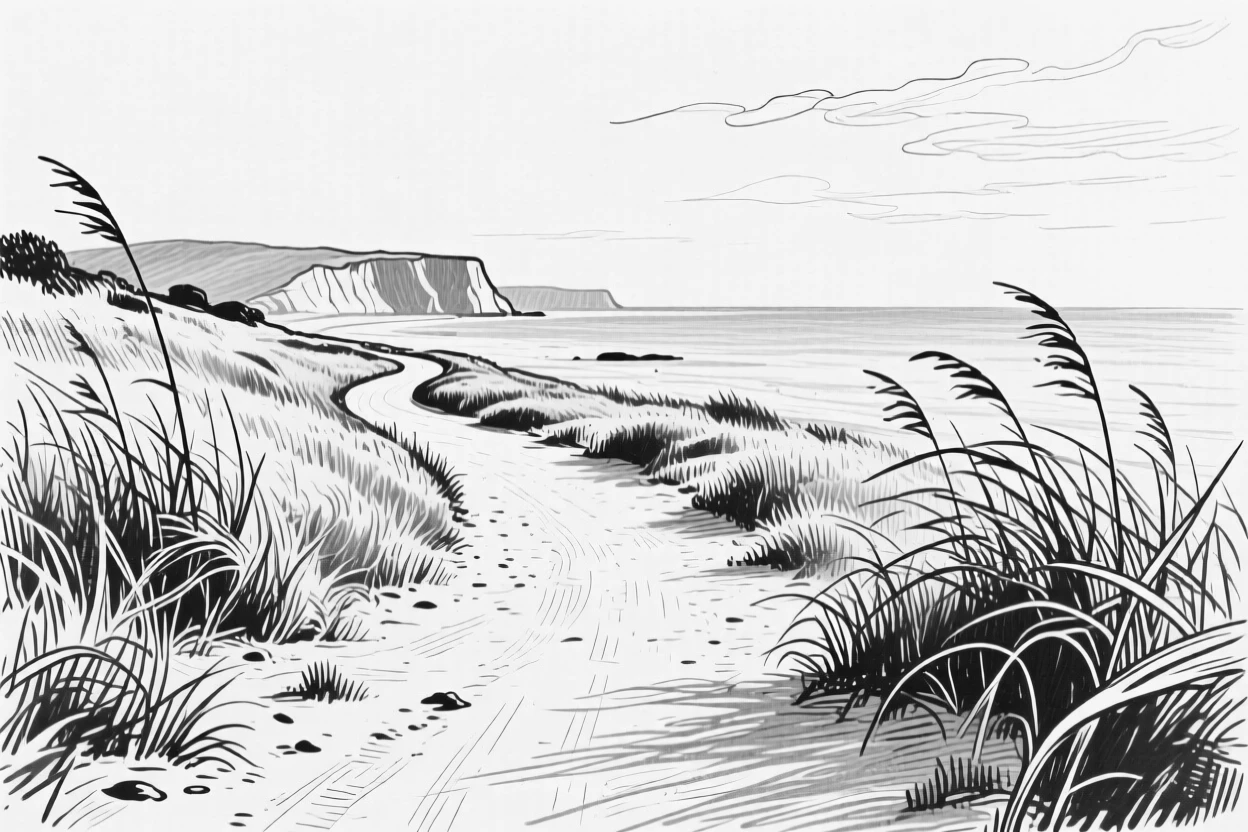 A tranquil coastal path lined with wild grasses swaying in the wind.