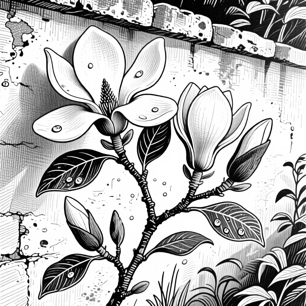 A magnolia branch in bloom growing wild along a garden wall, with dew drops clinging to the edges, composed in a quietly elegant still-life arrangement.
