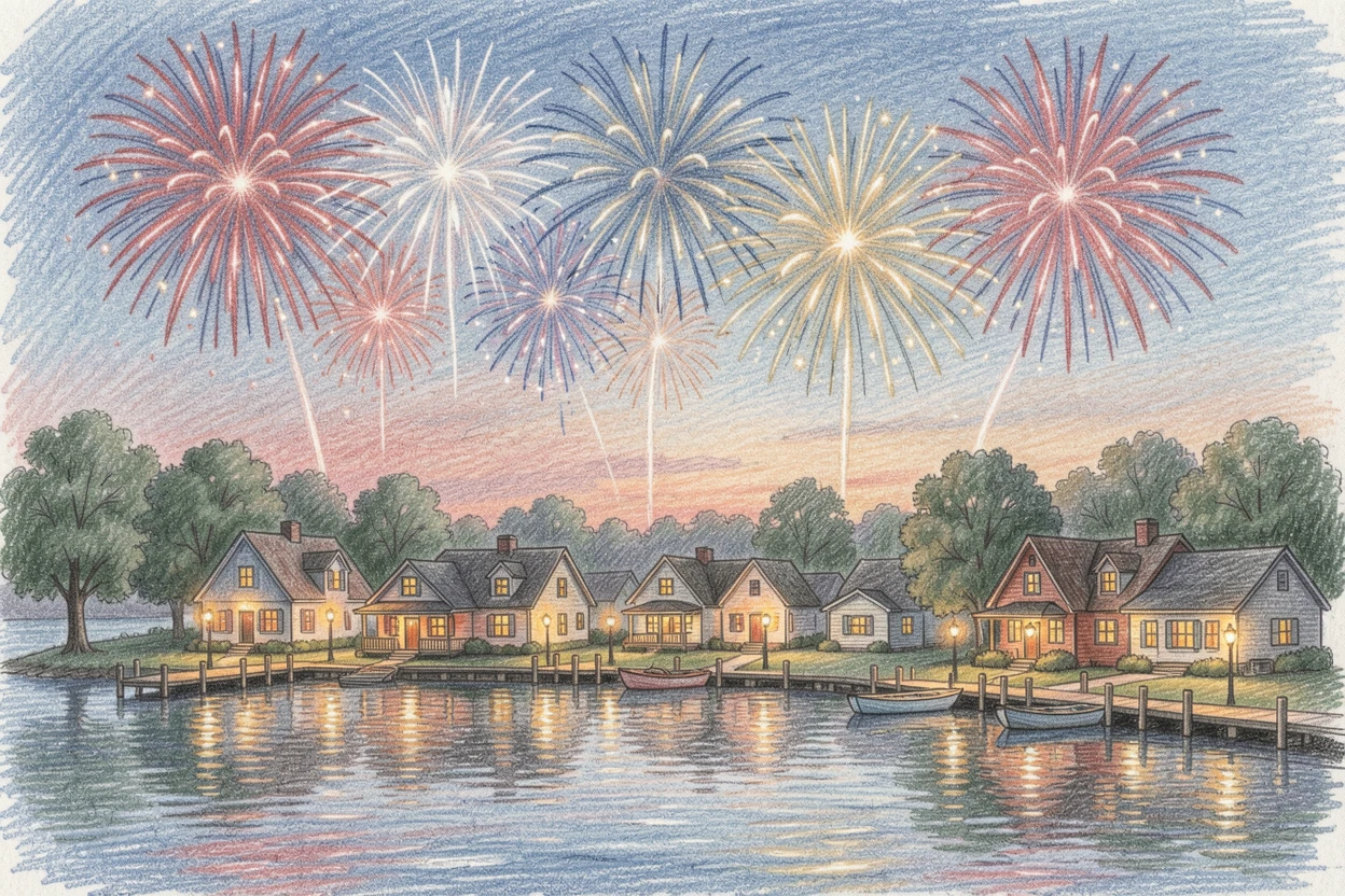 A Fourth of July fireworks celebration over a lakeside town, with soft glowing lights creating a warm festive atmosphere, designed to feel heartwarming and festively memorable.