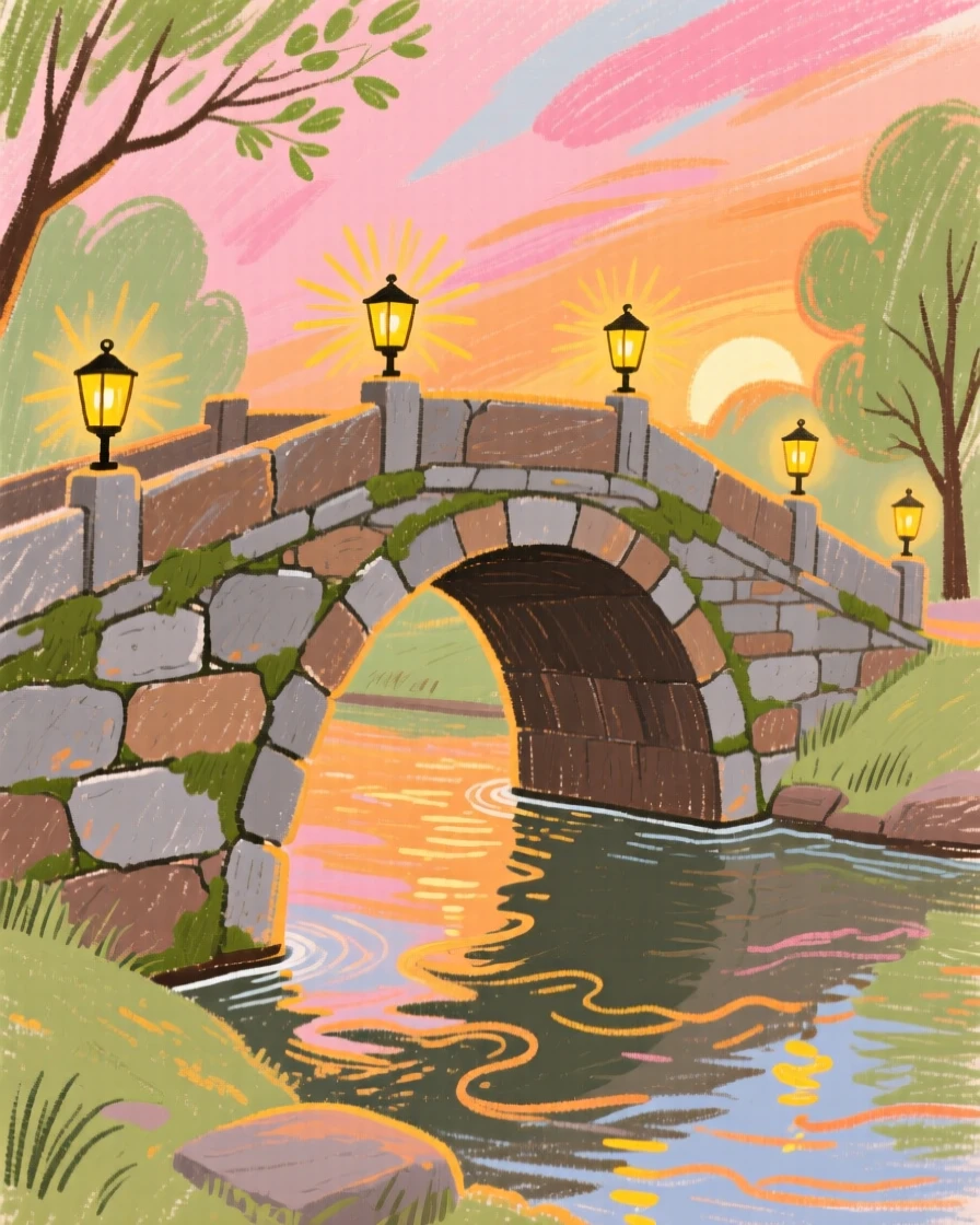 A view of an old stone bridge glowing warmly as evening lights begin to switch on.