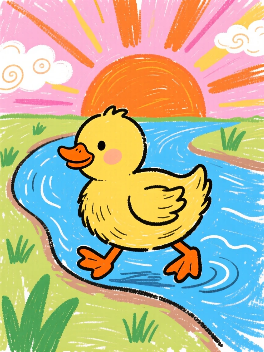 A fluffy duckling waddling along a riverbank at sunrise.
