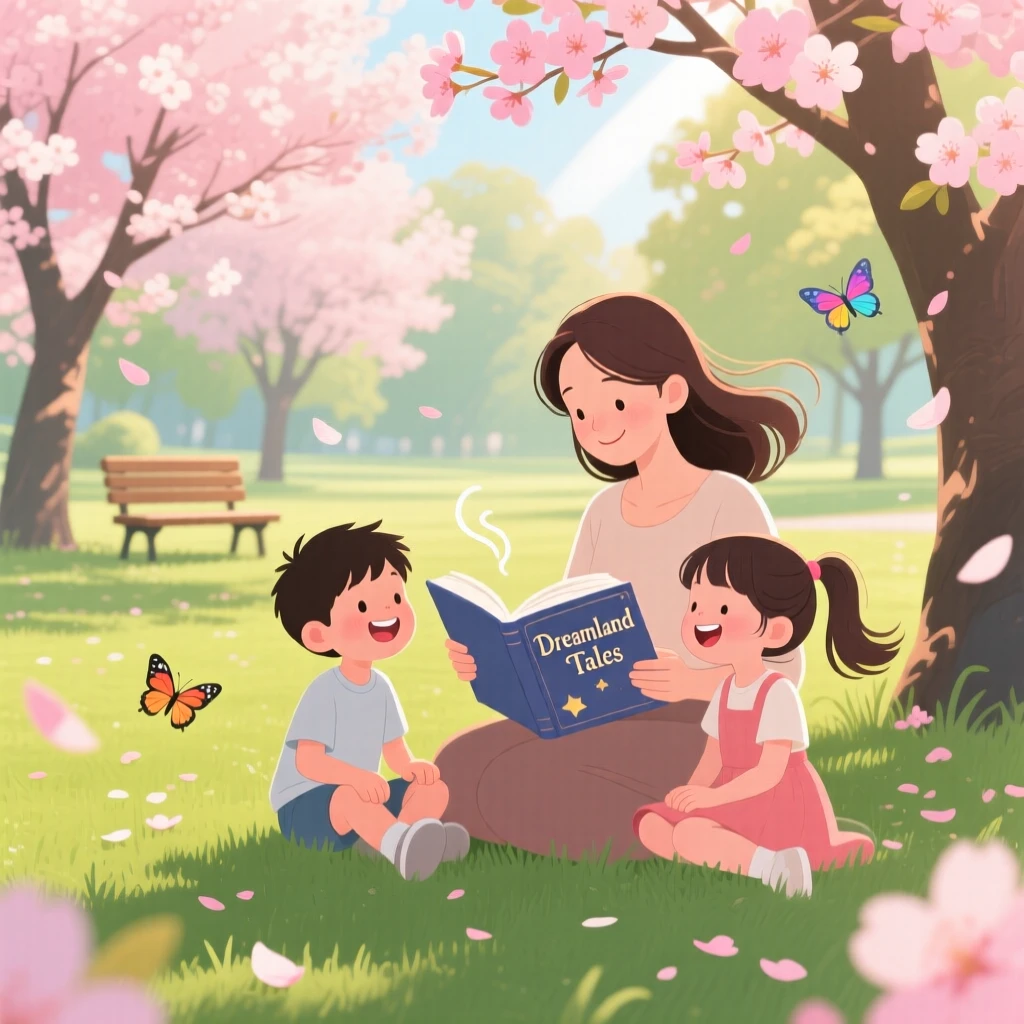 A mother reading a bedtime story to her children, in a sunlit park filled with blooming trees, arranged with the subject slightly off-center for a natural feel, with small joyful details like flying hair or bright laughter.