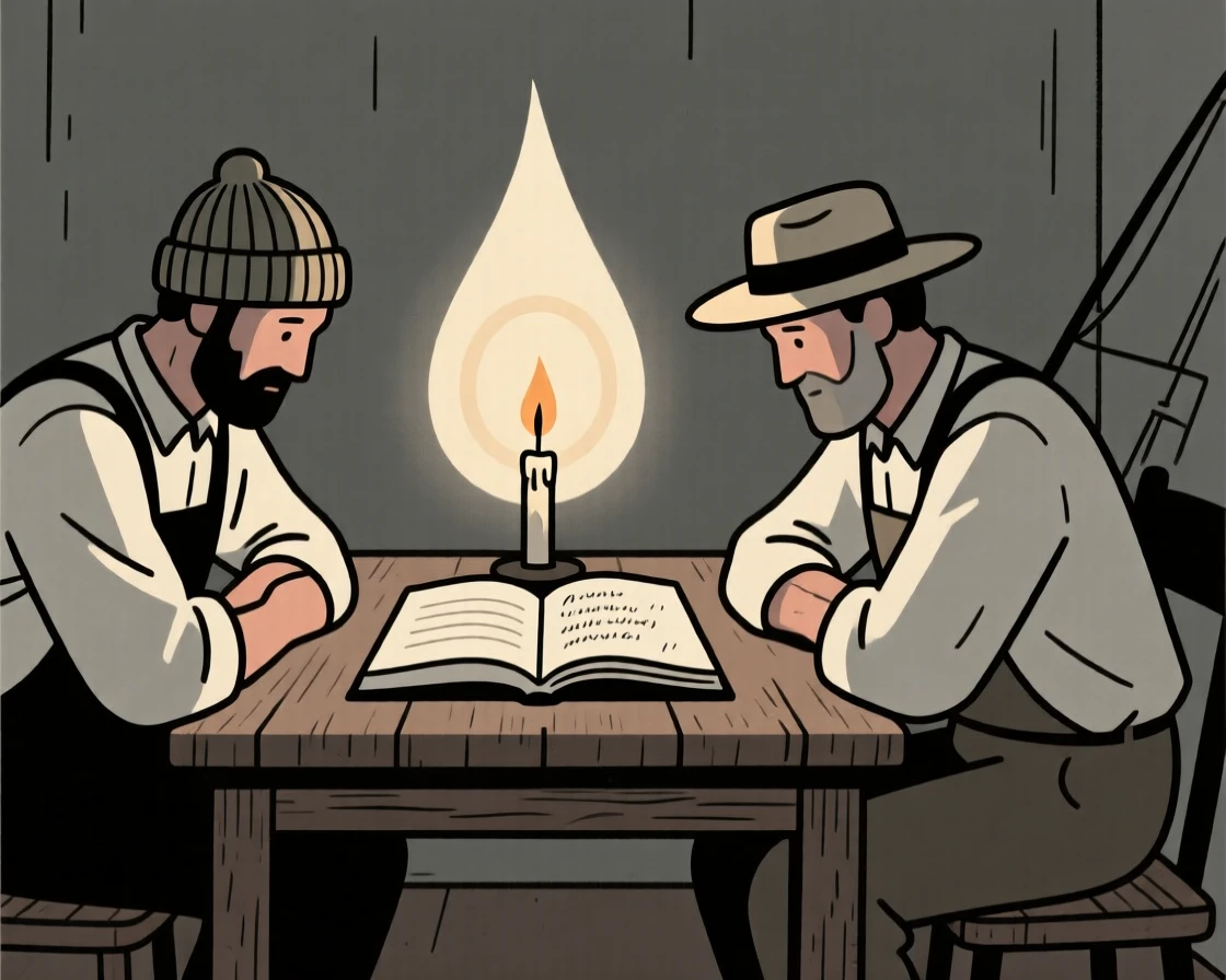 Two fisherman writing in a journal together in a candlelit room, sharing a moment of nostalgic comfort.