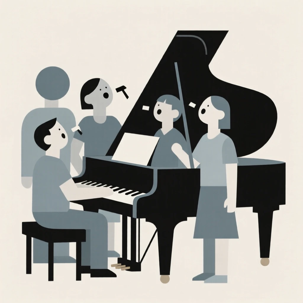 A family gathered around a piano singing together