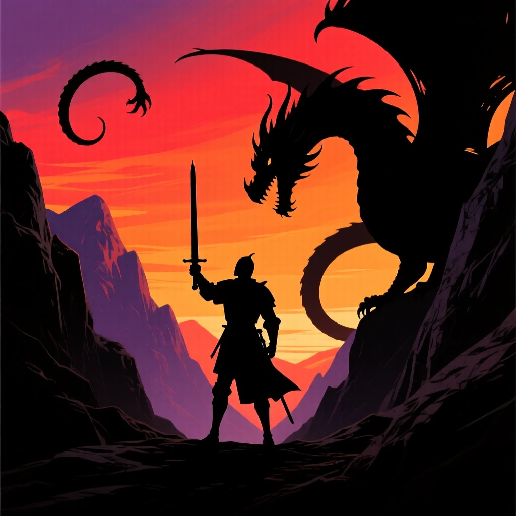 A knight standing before a massive dragon, sword raised in a narrow mountain pass.