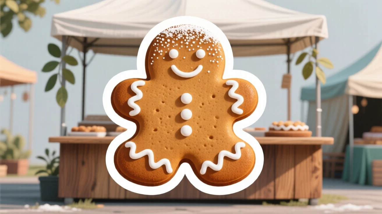 A freshly made warm gingerbread cookie with icing, topped with a dusting of powdered sugar, at an outdoor market stall.