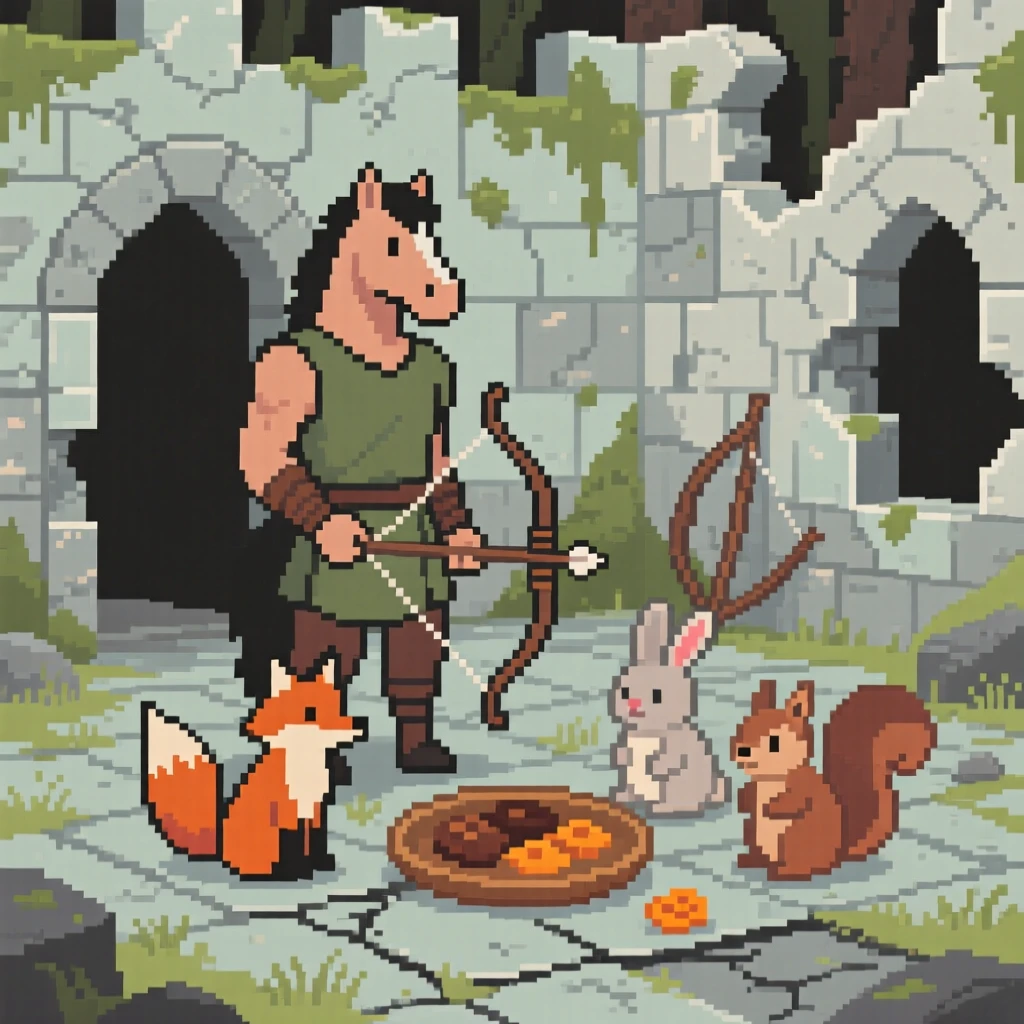 A centaur archer sharing a meal with woodland creatures, inside a crumbling castle courtyard.