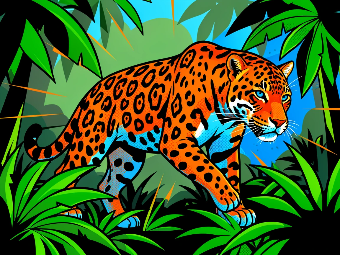 A jaguar prowling silently through the Amazon rainforest canopy