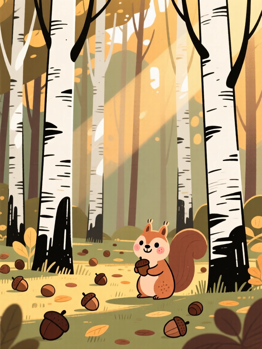 Sunlight filters through a dense woodland of tall birches, casting dappled golden light across a forest floor scattered with scattered acorns.