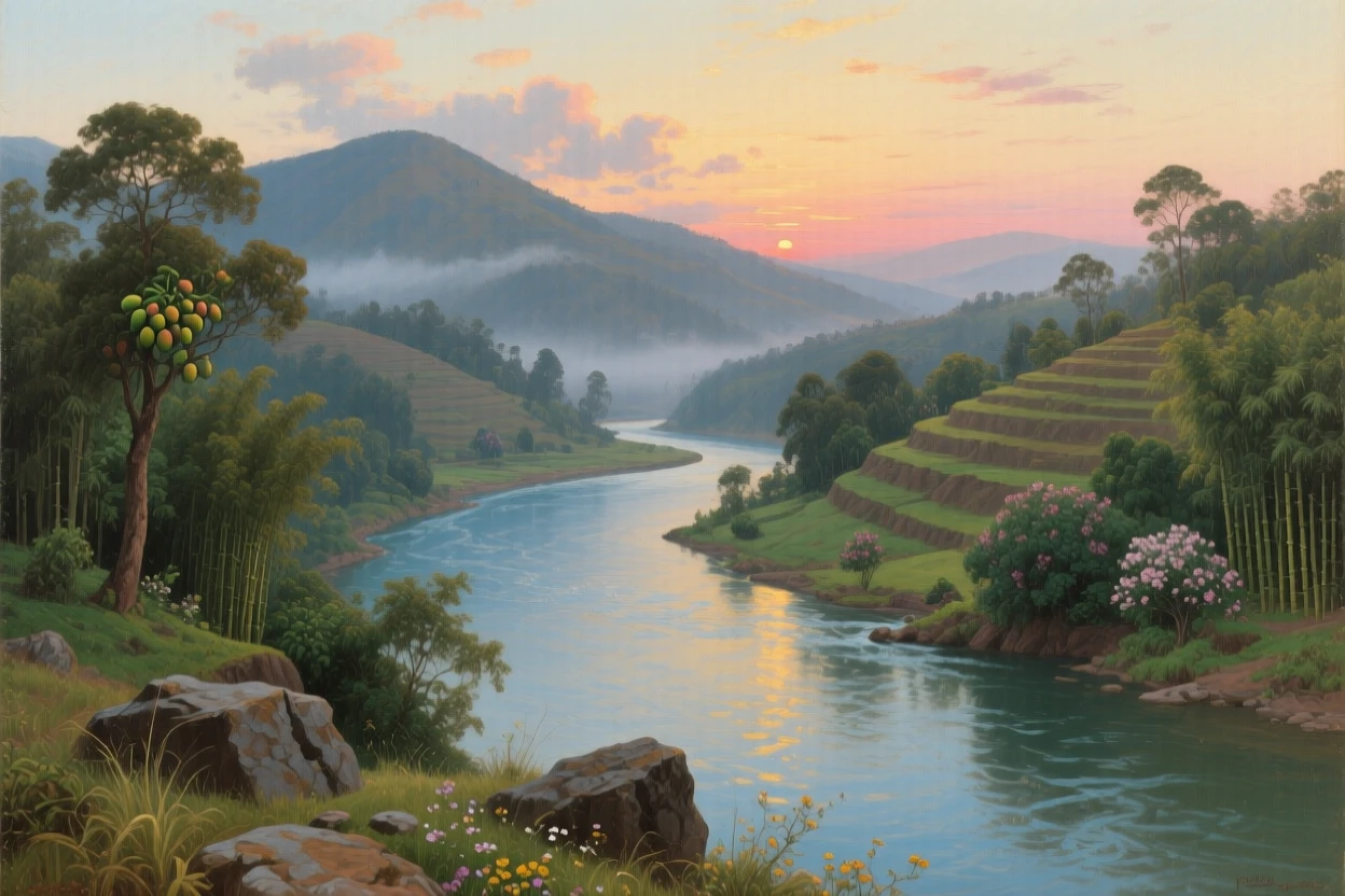 A grand panoramic scene of a winding river cutting through a lush green valley, in an Indian hill station, at dusk.