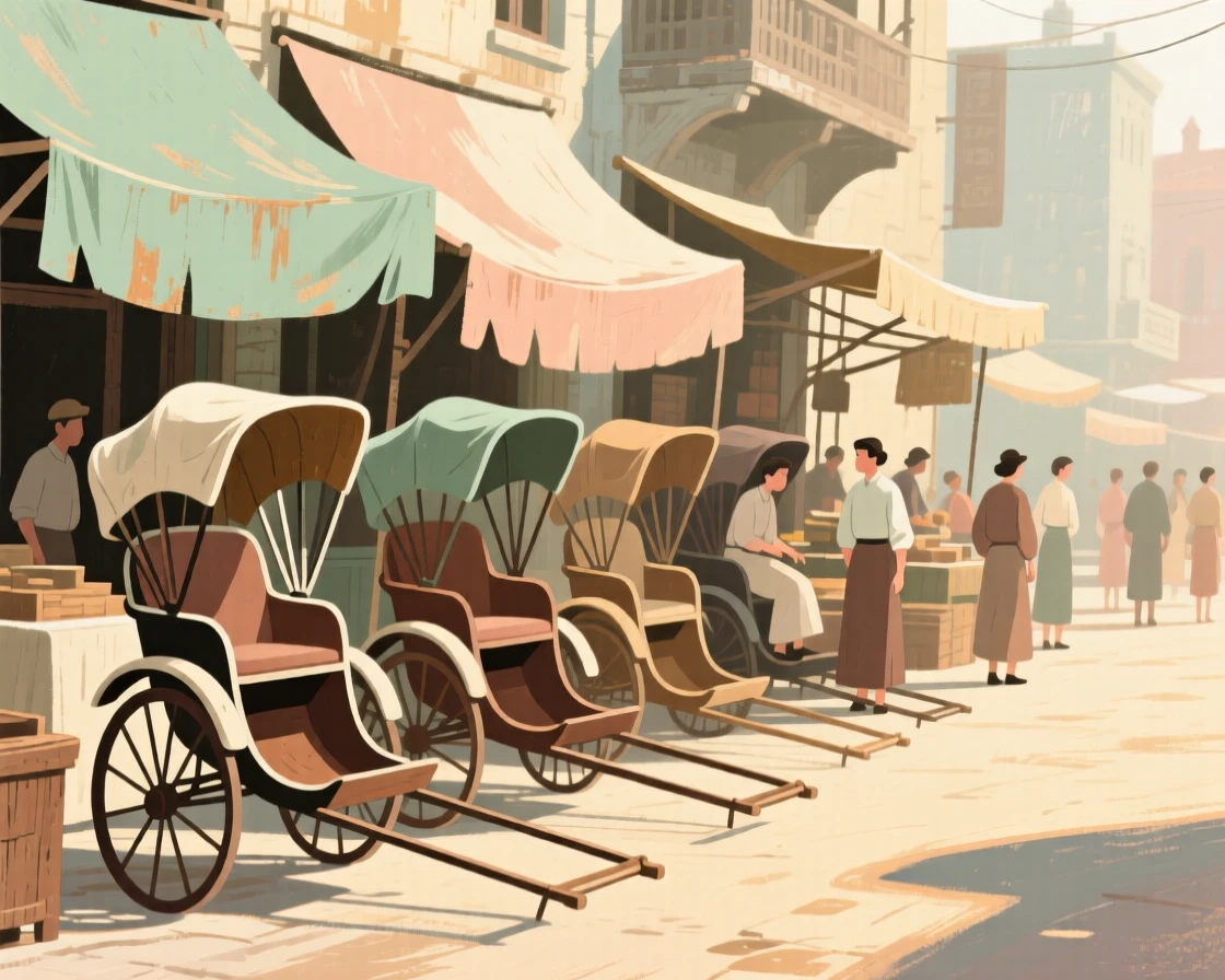 A row of rickshaws waiting outside a bustling old marketplace