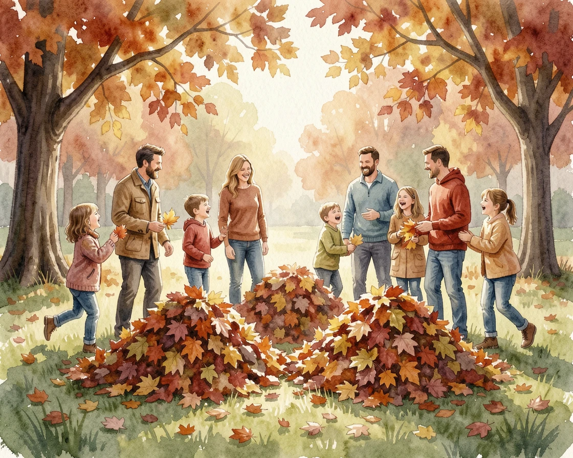 A cozy autumn scene with piles of raked leaves surrounded by joyful family and friends.