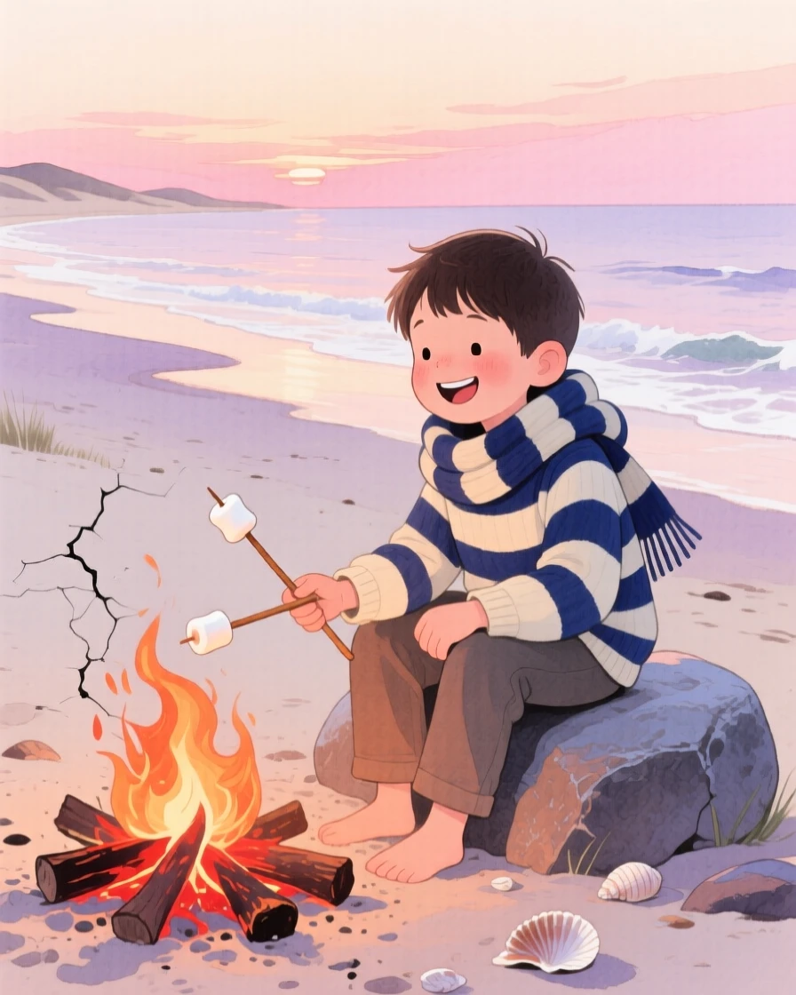 A boy with a striped scarf roasts marshmallows over a campfire on a quiet beach at sunset, laughter and joy filling the warm afternoon air