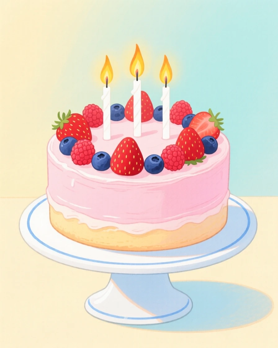 A delightful still life of a birthday cake topped with candles and fresh berries.