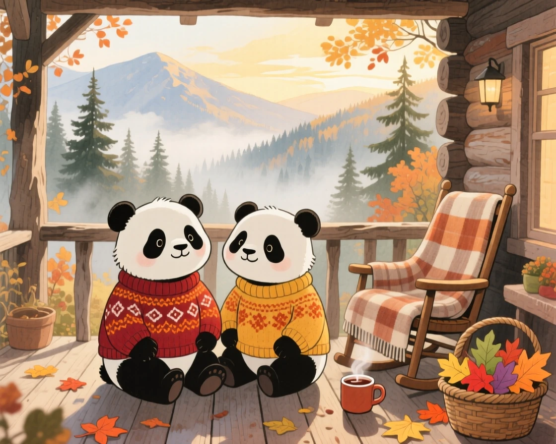 A pair of pandas wearing a tiny knitted sweater on a crisp autumn day, set in a mountain cabin porch overlooking misty pines, brimming with cozy comfort.