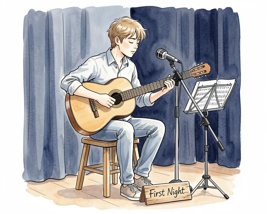 A young musician performing for the first time on a small stage, eyes closed in concentration