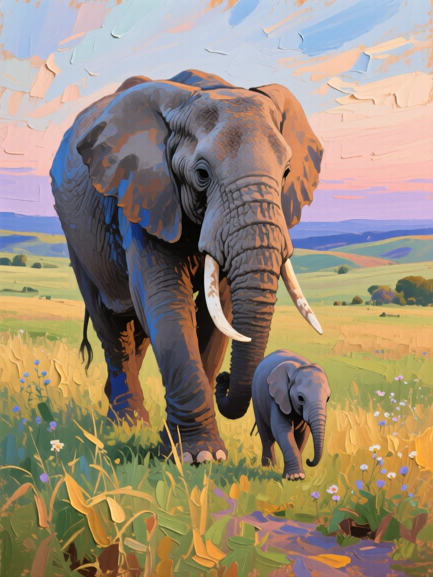 a mother elephant and calf walking across open grassland, in quiet evening light, with a clear foreground, subject, and distant setting.