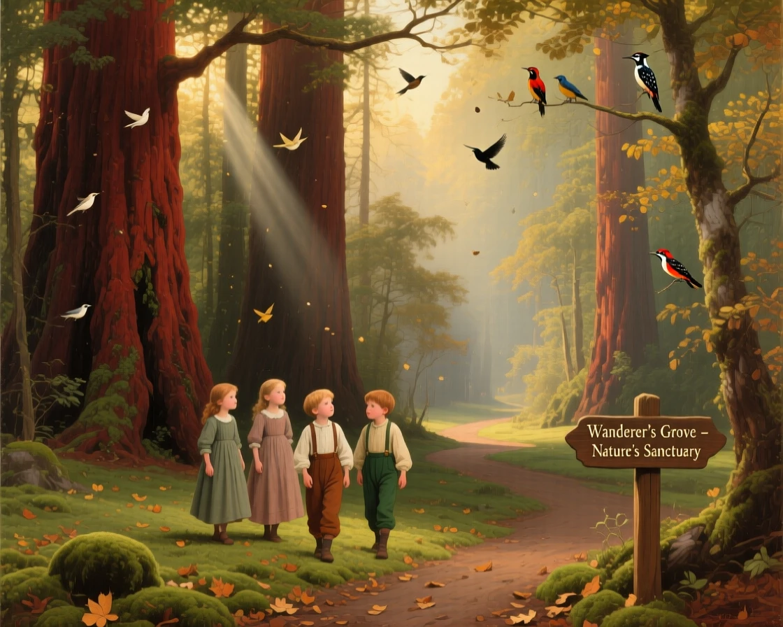 A group of children wanders deep into a grove of towering redwoods while birds call from the branches.