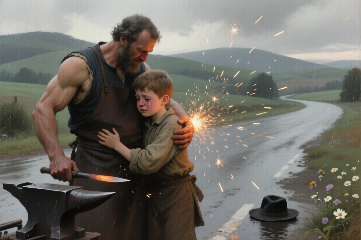 A blacksmith shielding his apprentice from a shower of sparks as tears and gratitude mix in equal measure, set on a rain-soaked road leading toward distant hills, with scattered flowers and a fallen hat marking the moment; the two central figures are drawn close together in an intimate embrace, aching with bittersweet longing and hard-won joy.